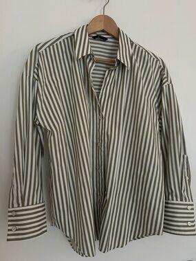 Zara Olive and White Vertical Stripe Button-Down Shirt